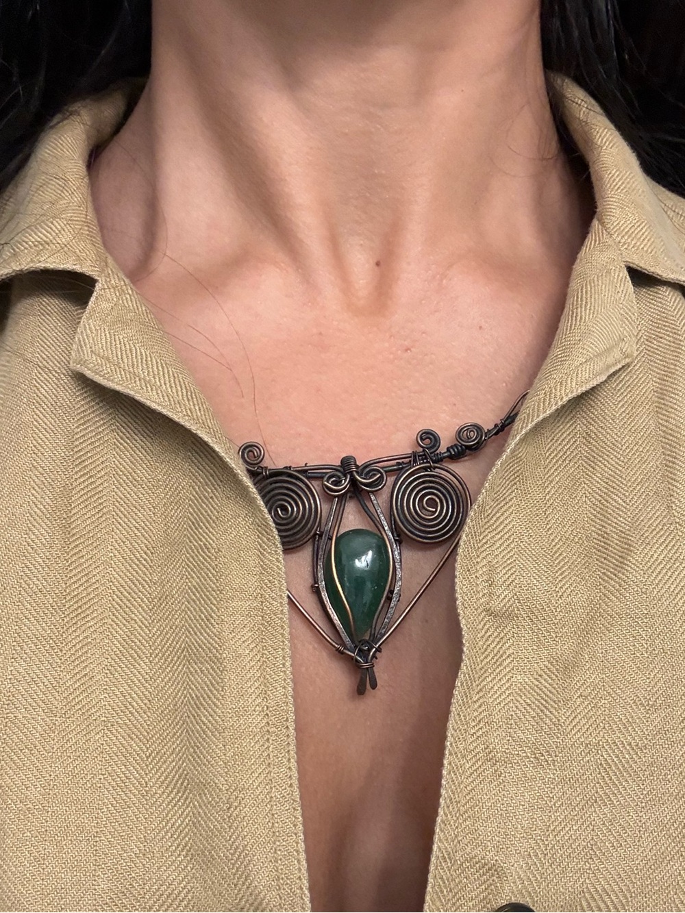 Handcrafted Copper Wire Green Adventurine Stone Pendant Necklace